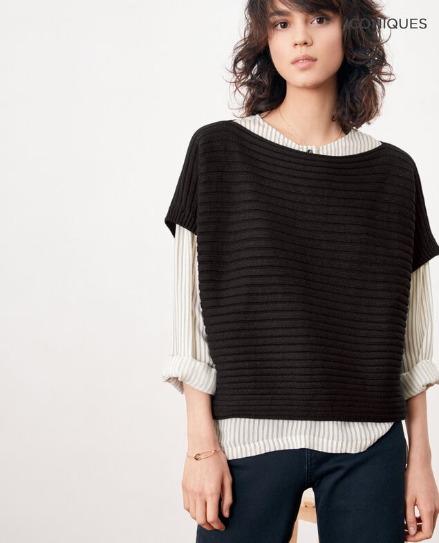 Nahtloser Rippstrickpullover mit kurzen Ärmeln Noir