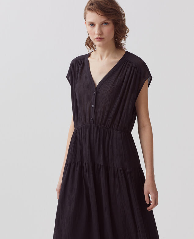 Langes Kleid aus Plissee-Baumwolle H091 black beauty