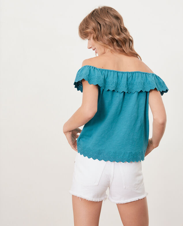 Top mit bestickter Dehnband-Rüsche Pacific green