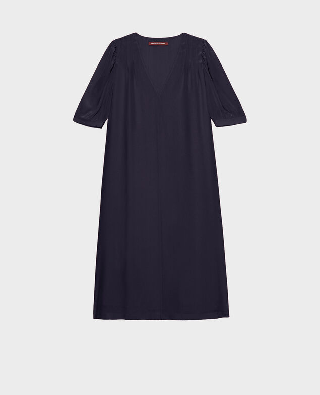 Fließendes, weites, langes Seidenkleid mit V-Ausschnitt Night sky