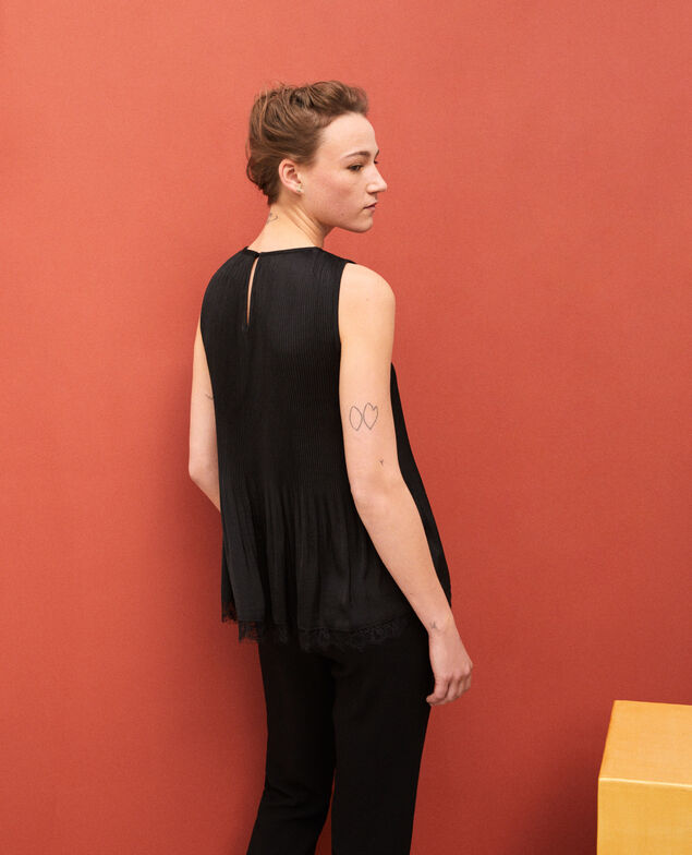 Plissee-Bluse mit Spitze Schwarz
