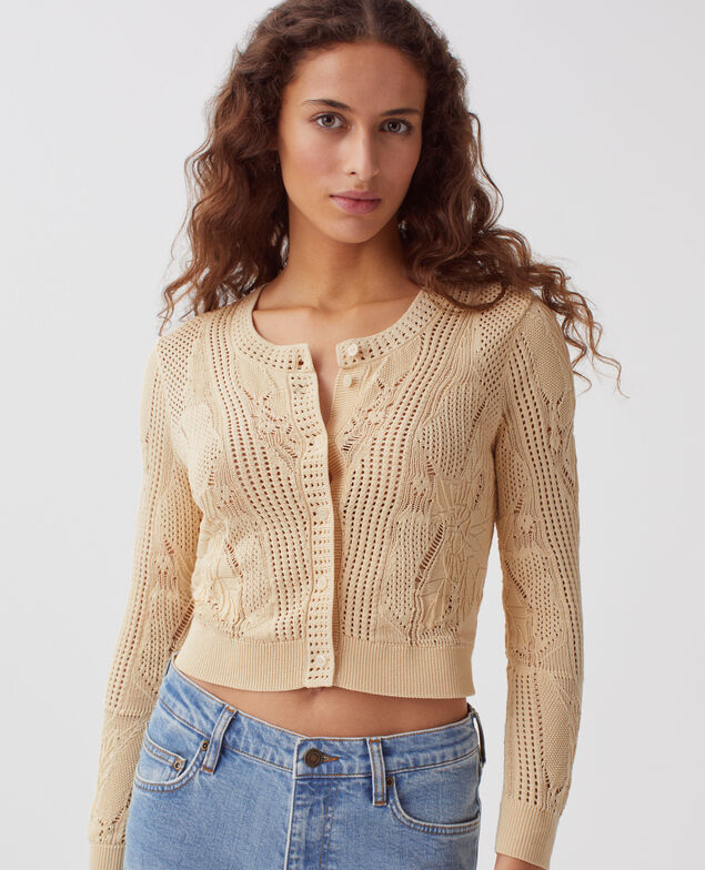 Häkelcardigan mit Blumenmotiv J300 natural