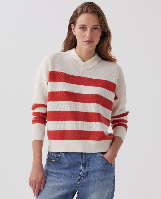 Marinepullover aus Merinowolle mit V-Ausschnitt J242 st ecru paprika
