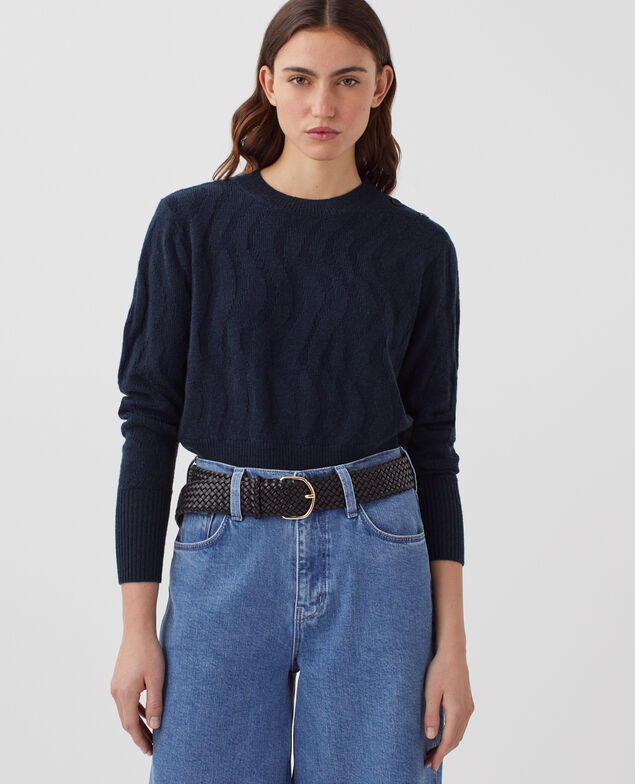 Pullover mit Rundhalsausschnitt aus Merinowolle J690 blueberry