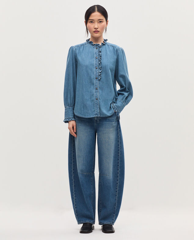 Bluse mit Volantkragen aus Baumwolle J621 light blue