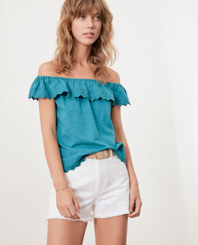 Top mit bestickter Dehnband-Rüsche Pacific green