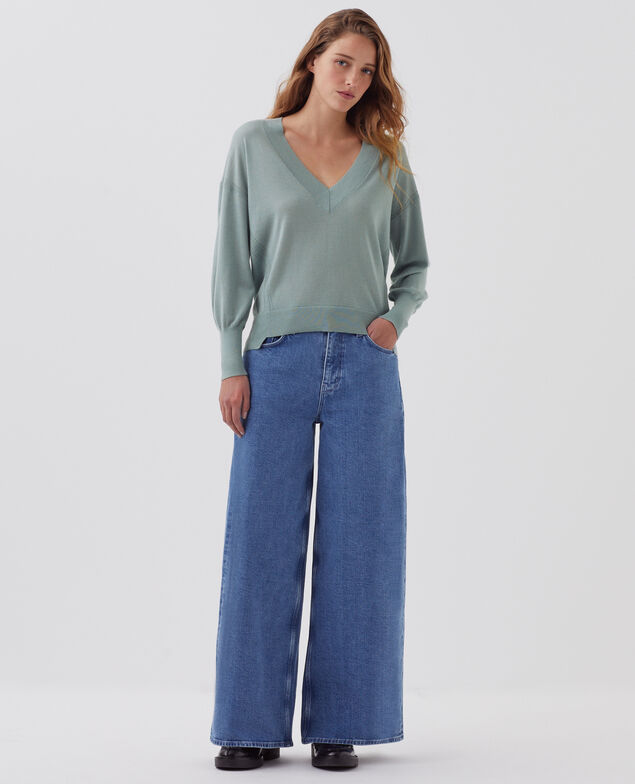 Pullover mit V-Ausschnitt aus Wolle und Seide J620 slate blue