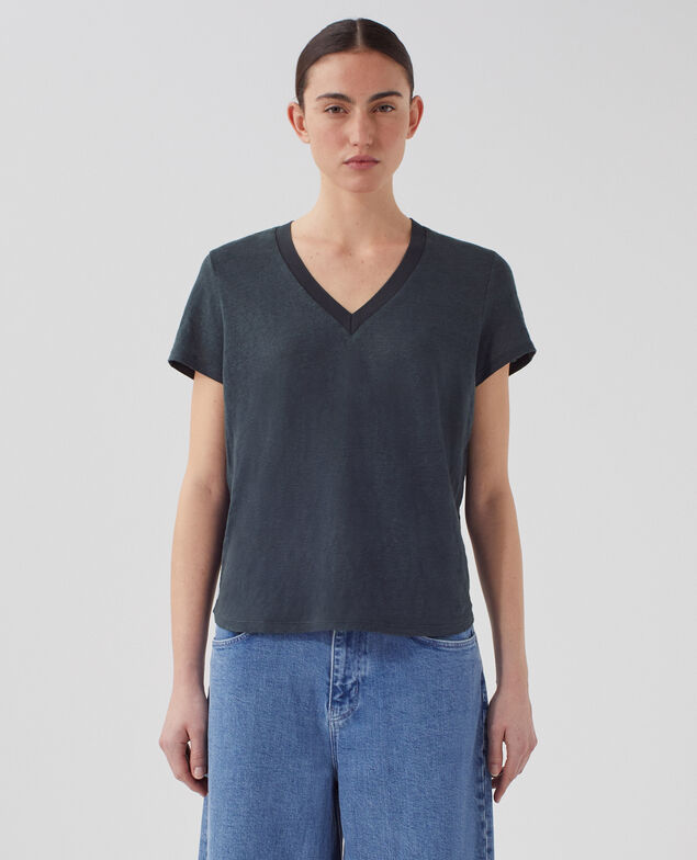 SARAH - T-Shirt mit V-Ausschnitt aus Leinen J690 blueberry