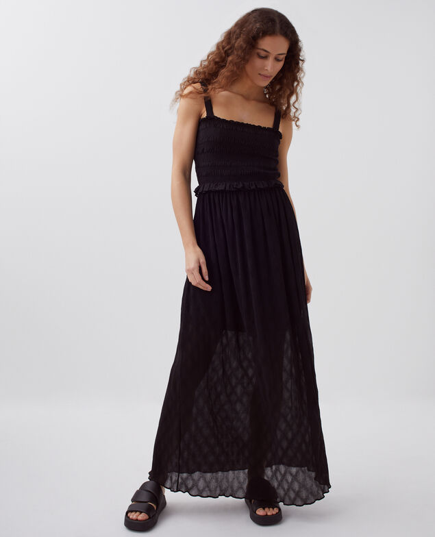 Fließend fallendes, langes gesmocktes Kleid H091 black beauty