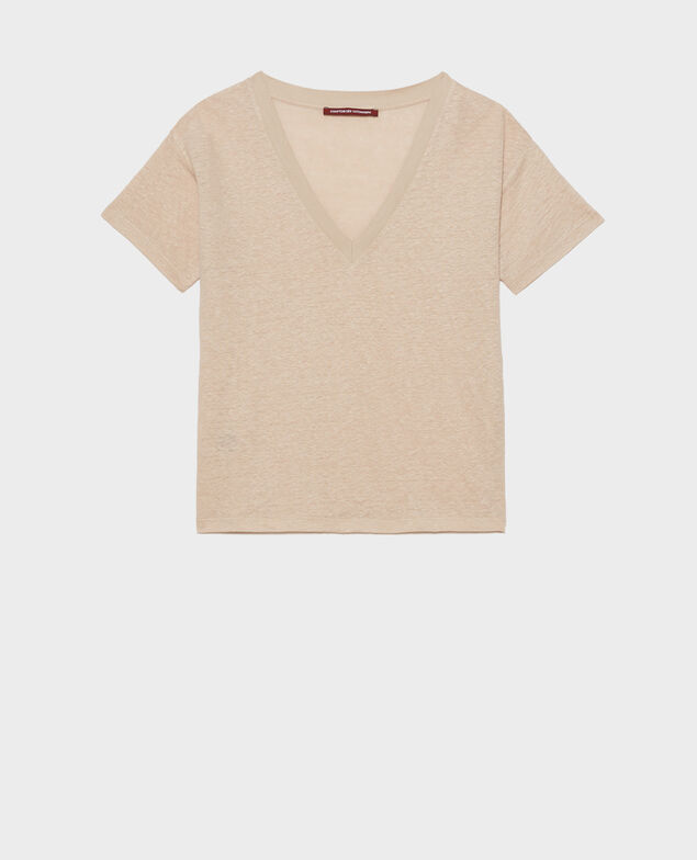SARAH - T-Shirt mit V-Ausschnitt aus Leinen Oxford tan