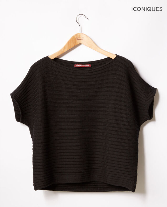 Nahtloser Rippstrickpullover mit kurzen Ärmeln Noir
