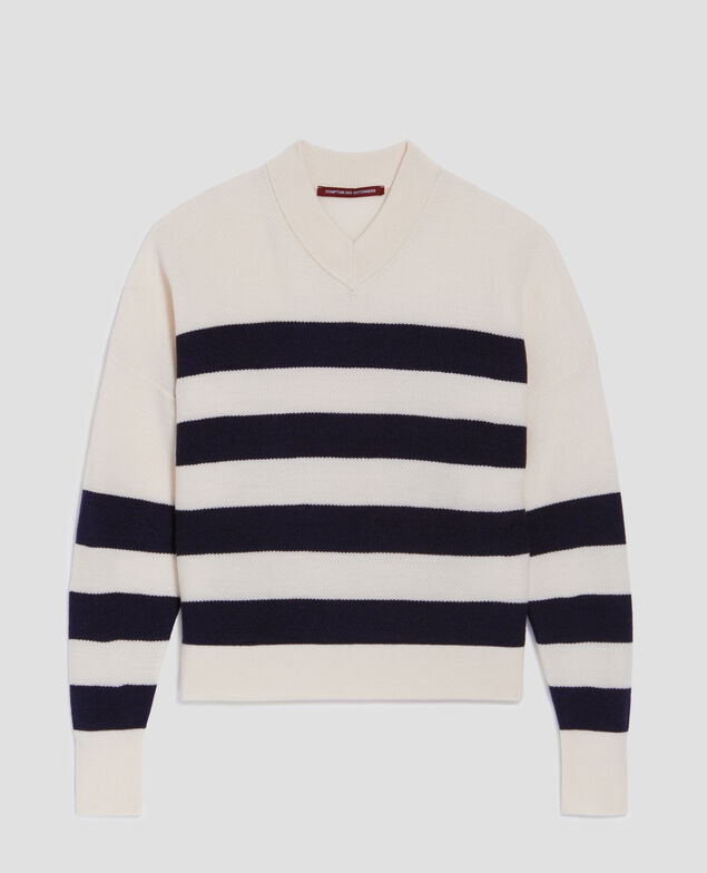 Marinepullover aus Merinowolle mit V-Ausschnitt J682 st ecru navy