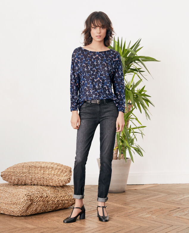 Bedrucktes T-Shirt aus Leinen Blossom shadow indigo